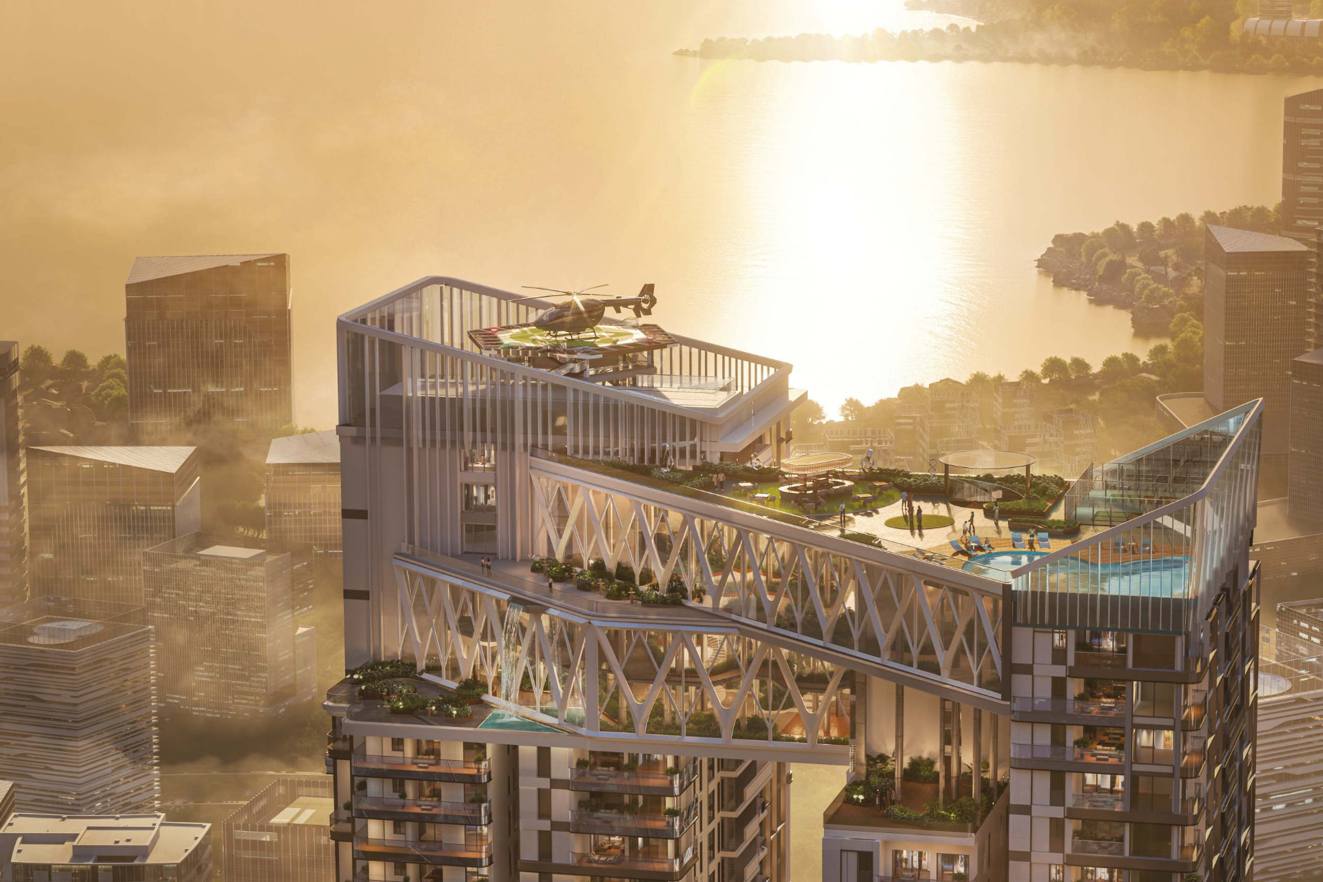 Rooftop sky-bridge with helipad and pool at golden hour