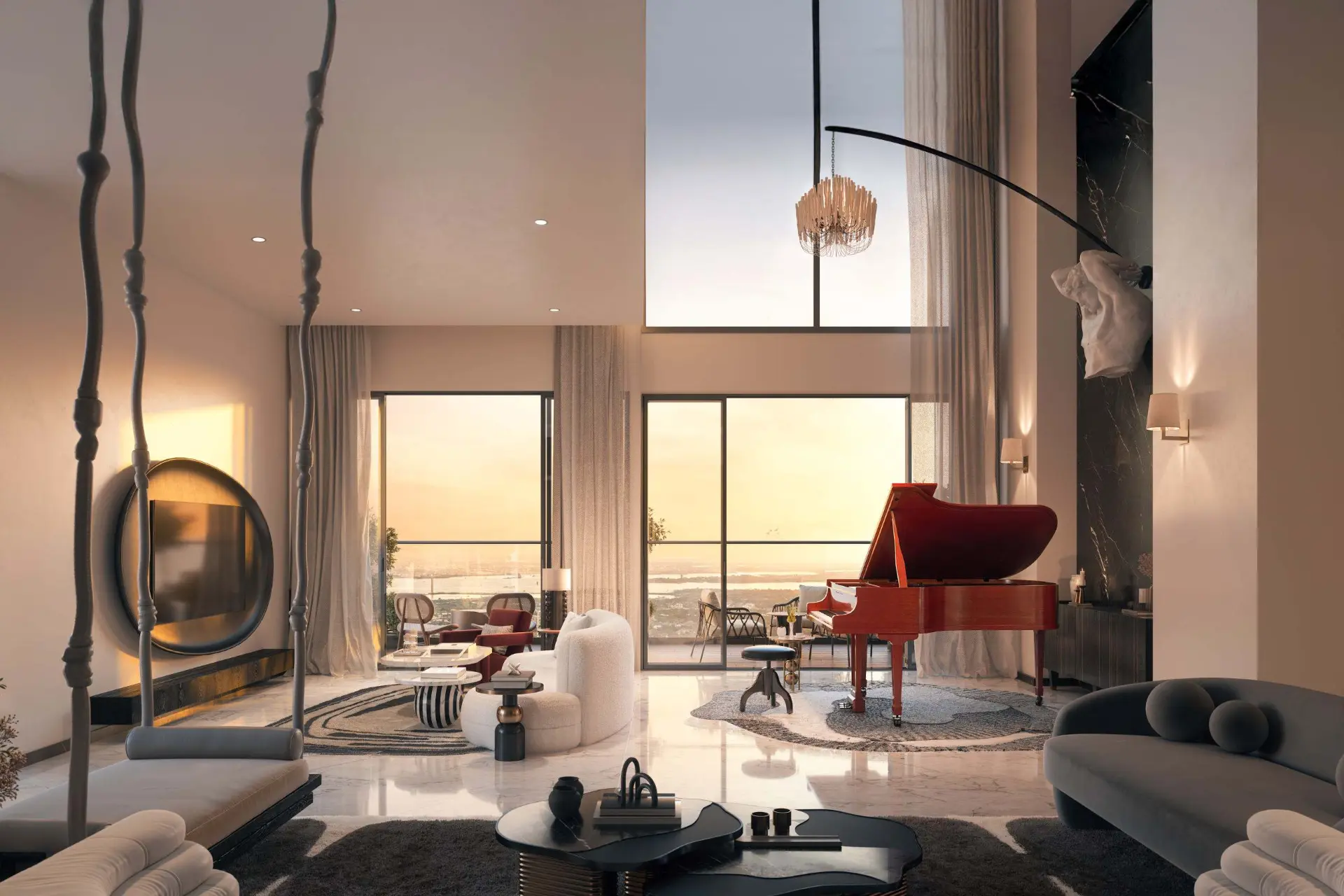 Double-height penthouse living room at sunset