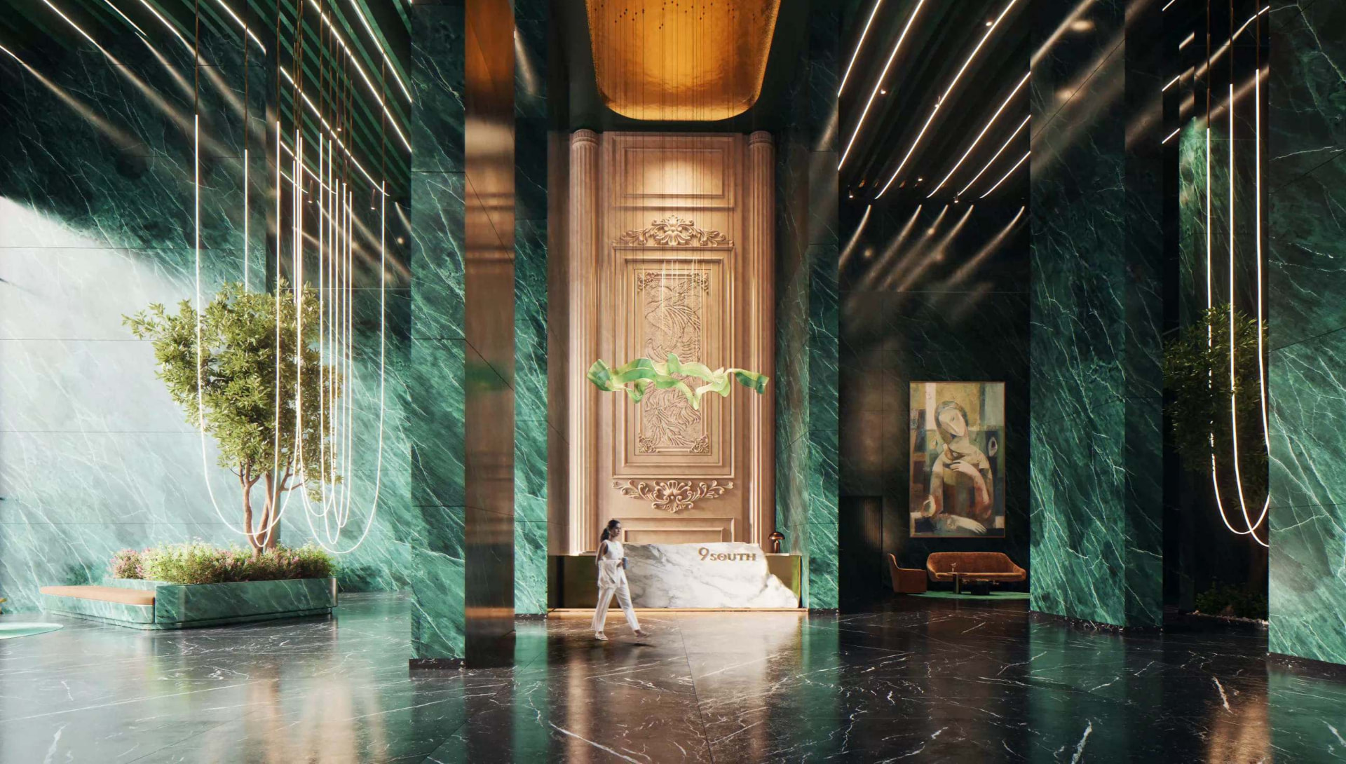 Green marble arrival lobby with sculpted reception