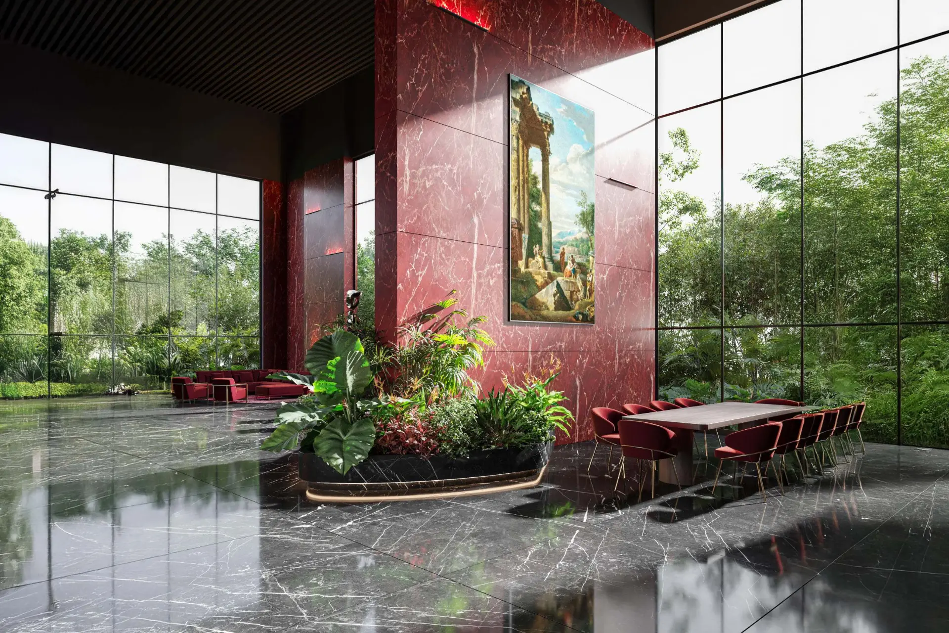 Red marble lounge opening onto the garden