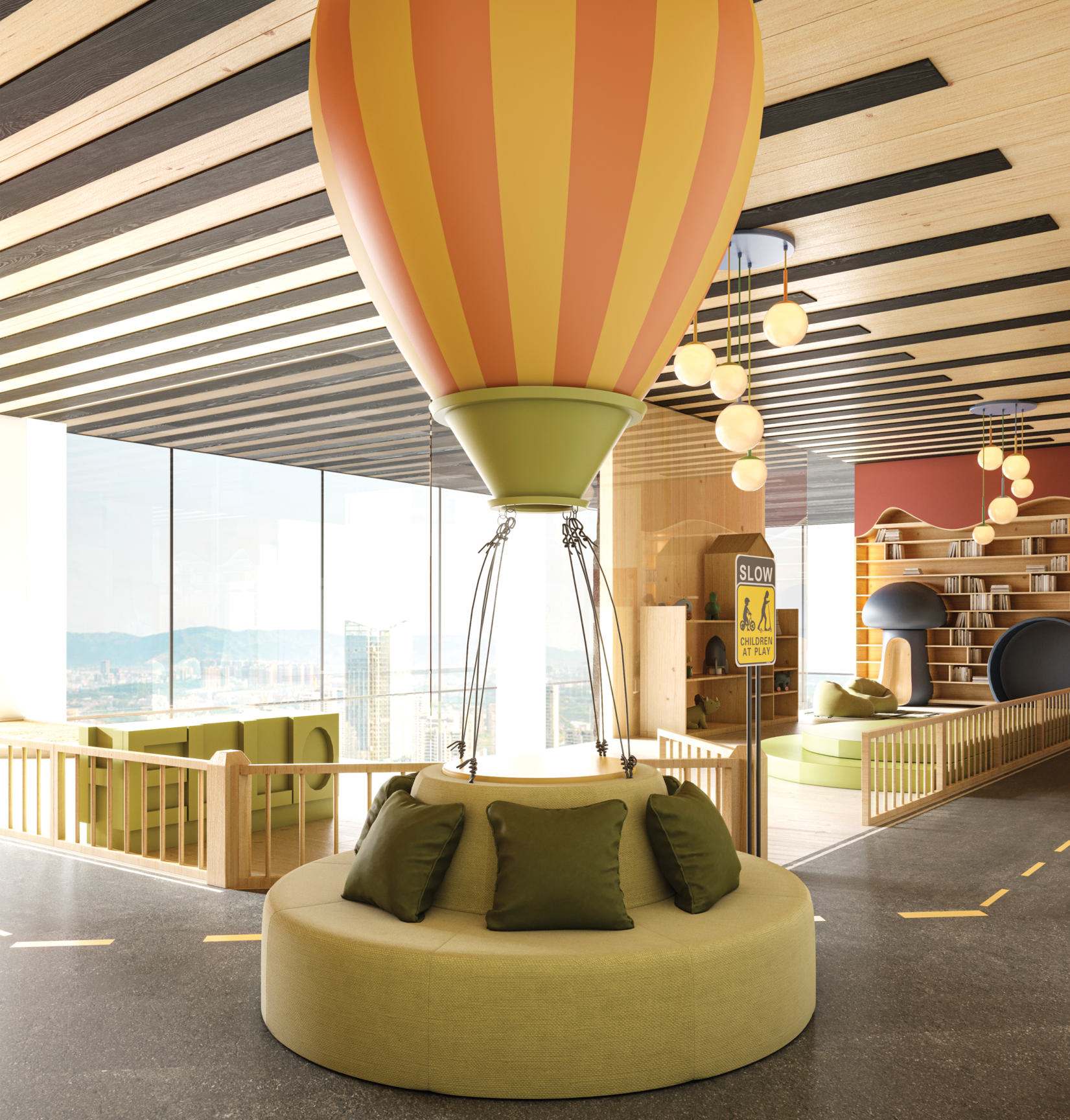 Children's play floor with hot-air-balloon seating pod