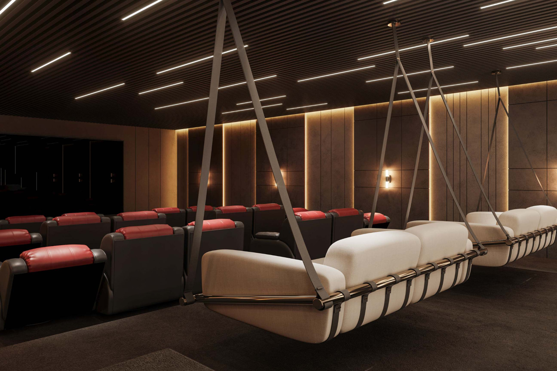 Private screening room with suspended swing seating