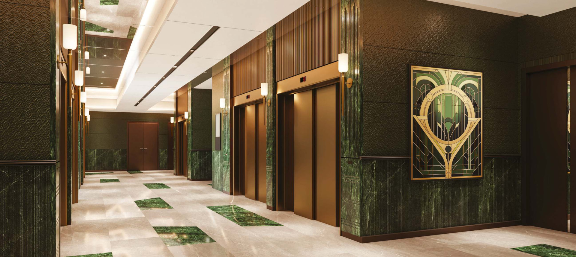 Residential lift lobby in green marble and bronze detailing