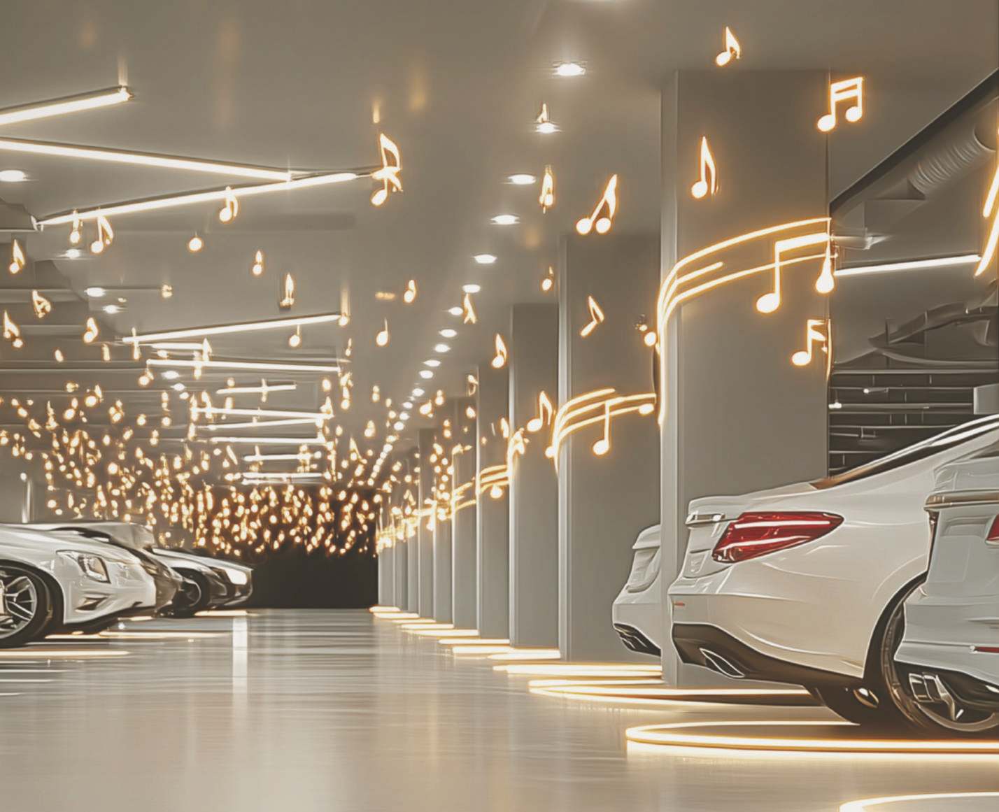 Illuminated basement parking with musical light installation