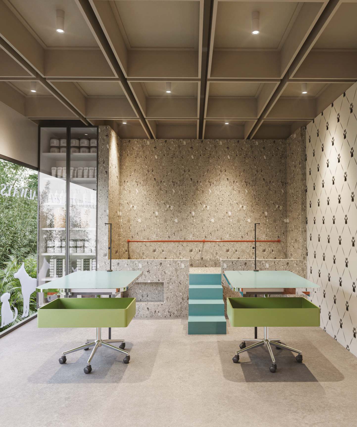 Pet grooming salon with terrazzo walls and paw-print panelling