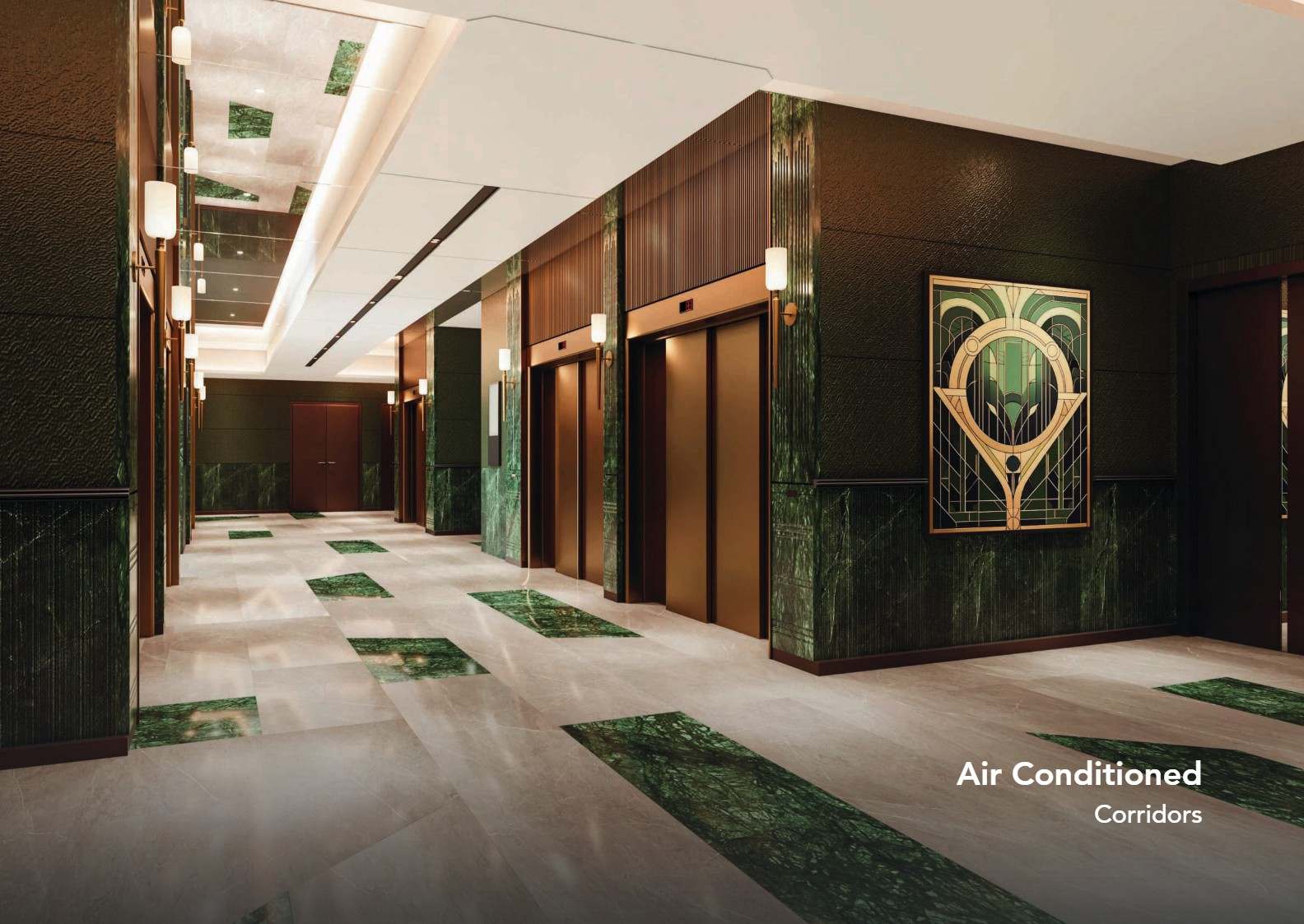 Air-conditioned residential corridor in green marble and bronze