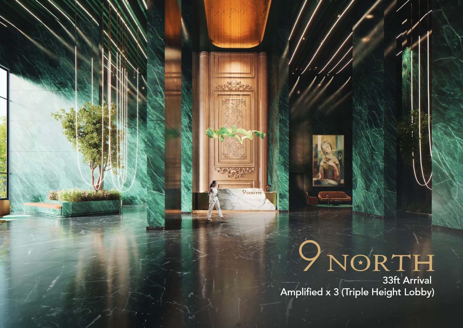 9 North reception with emerald marble columns and carved timber portal