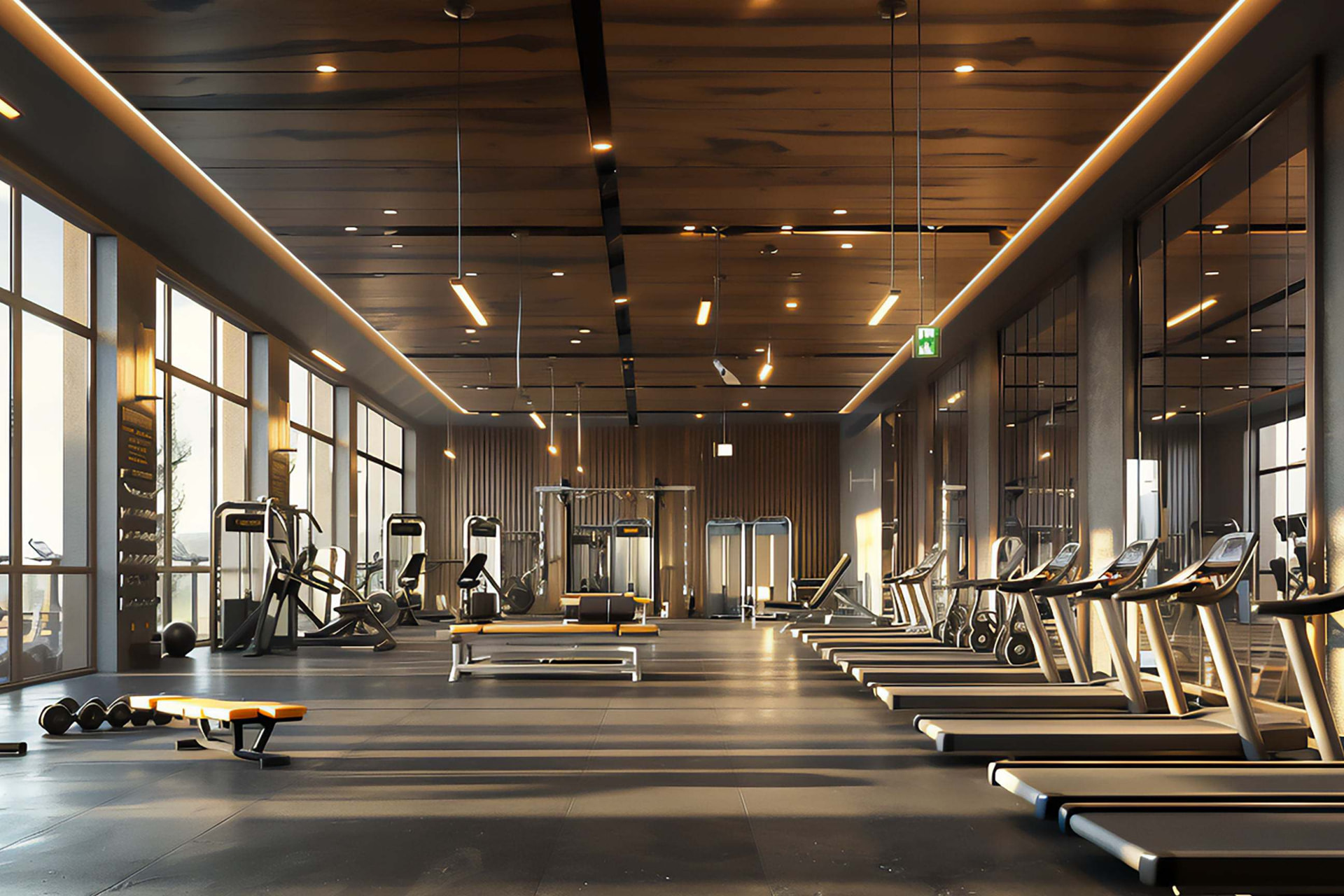 Full-floor fitness studio with floor-to-ceiling glazing