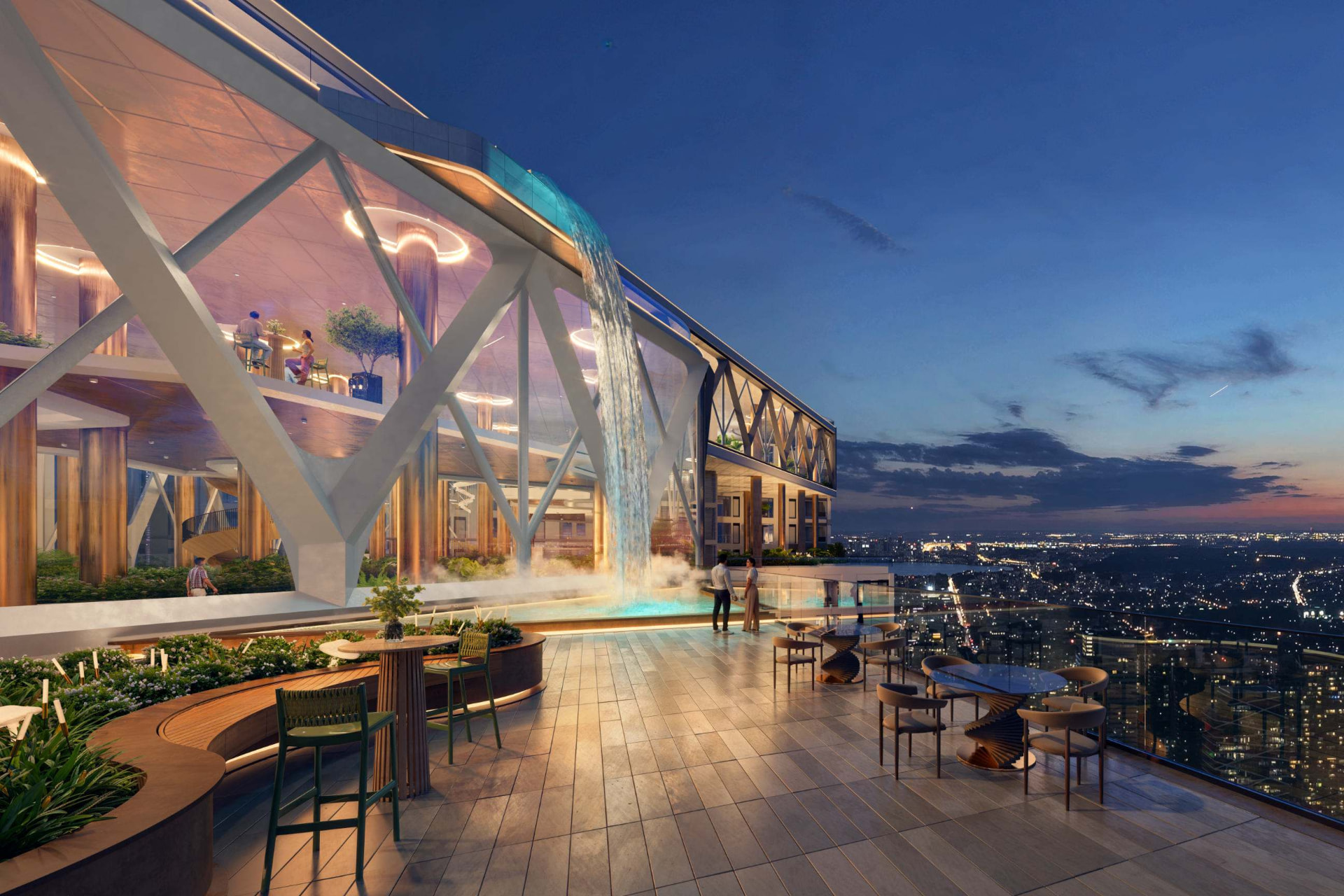 Sky deck with cascading waterfall and city views at dusk