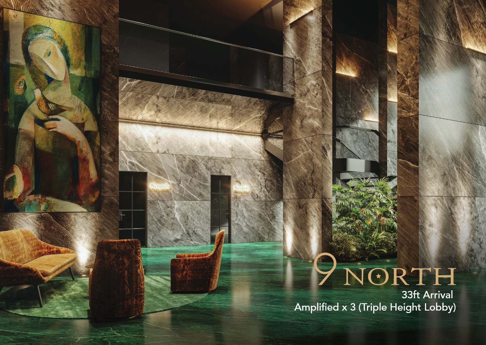 9 North triple-height arrival lobby in grey marble with green stone floor
