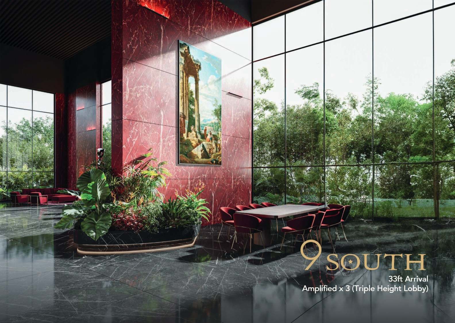 9 South triple-height arrival lobby in red marble with garden glazing