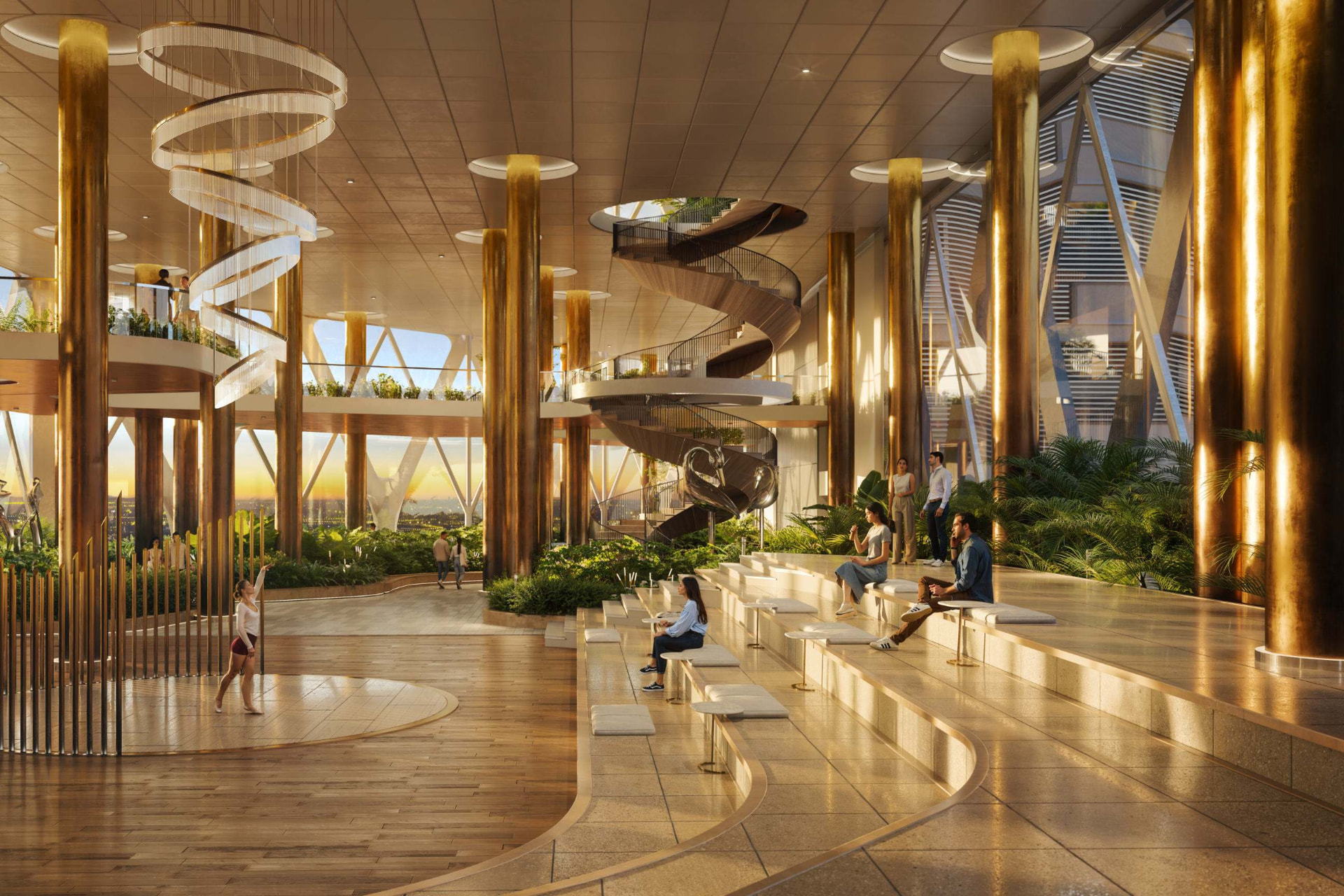 Bronze-columned sky atrium with spiral stair and chandelier