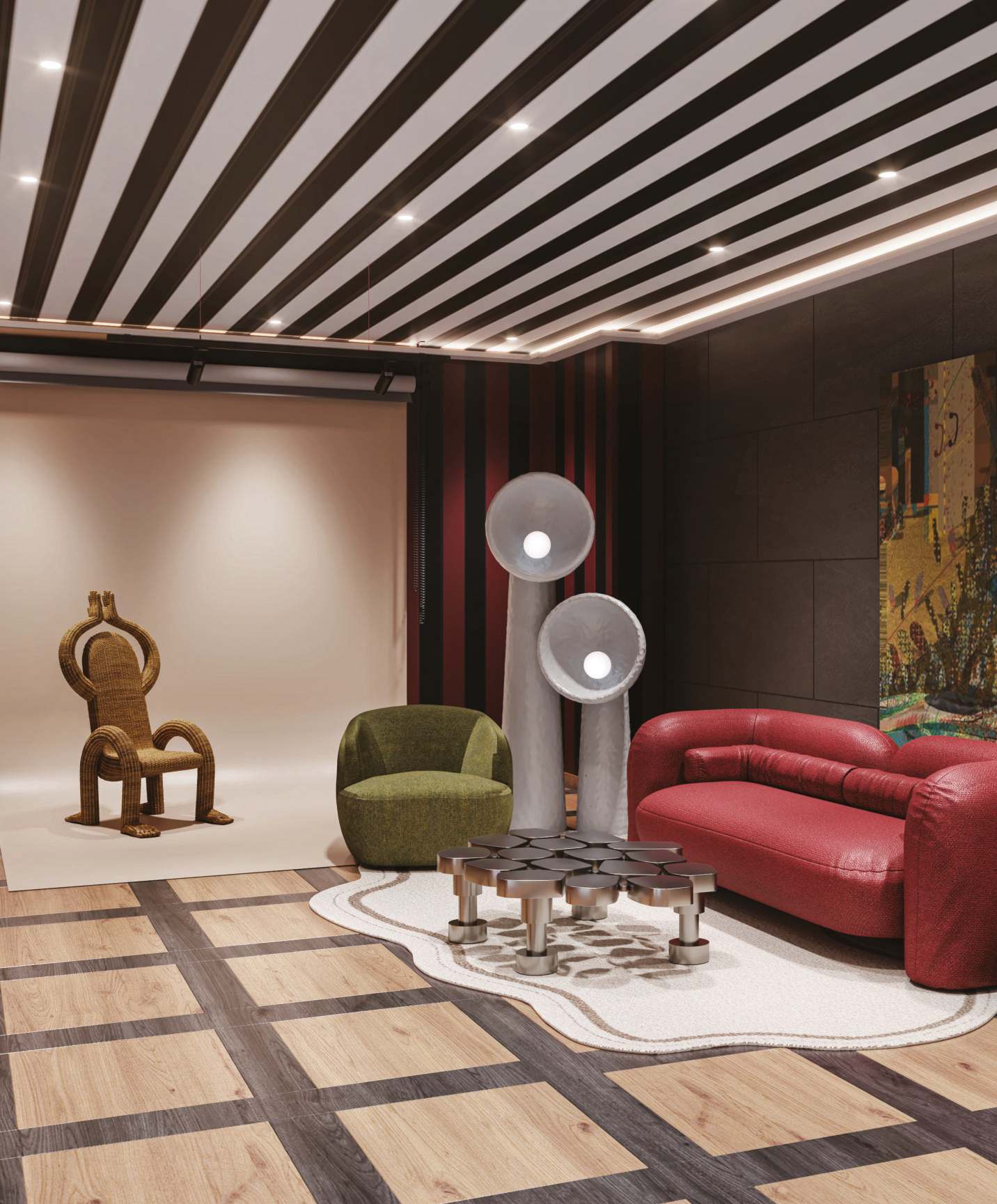 Creative studio lounge with striped ceiling and art backdrop