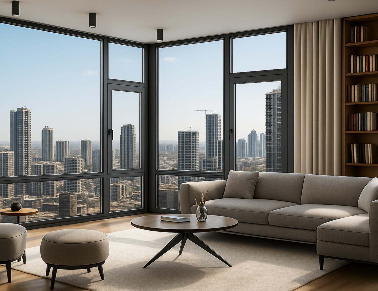 Corner living room with panoramic city views and built-in library
