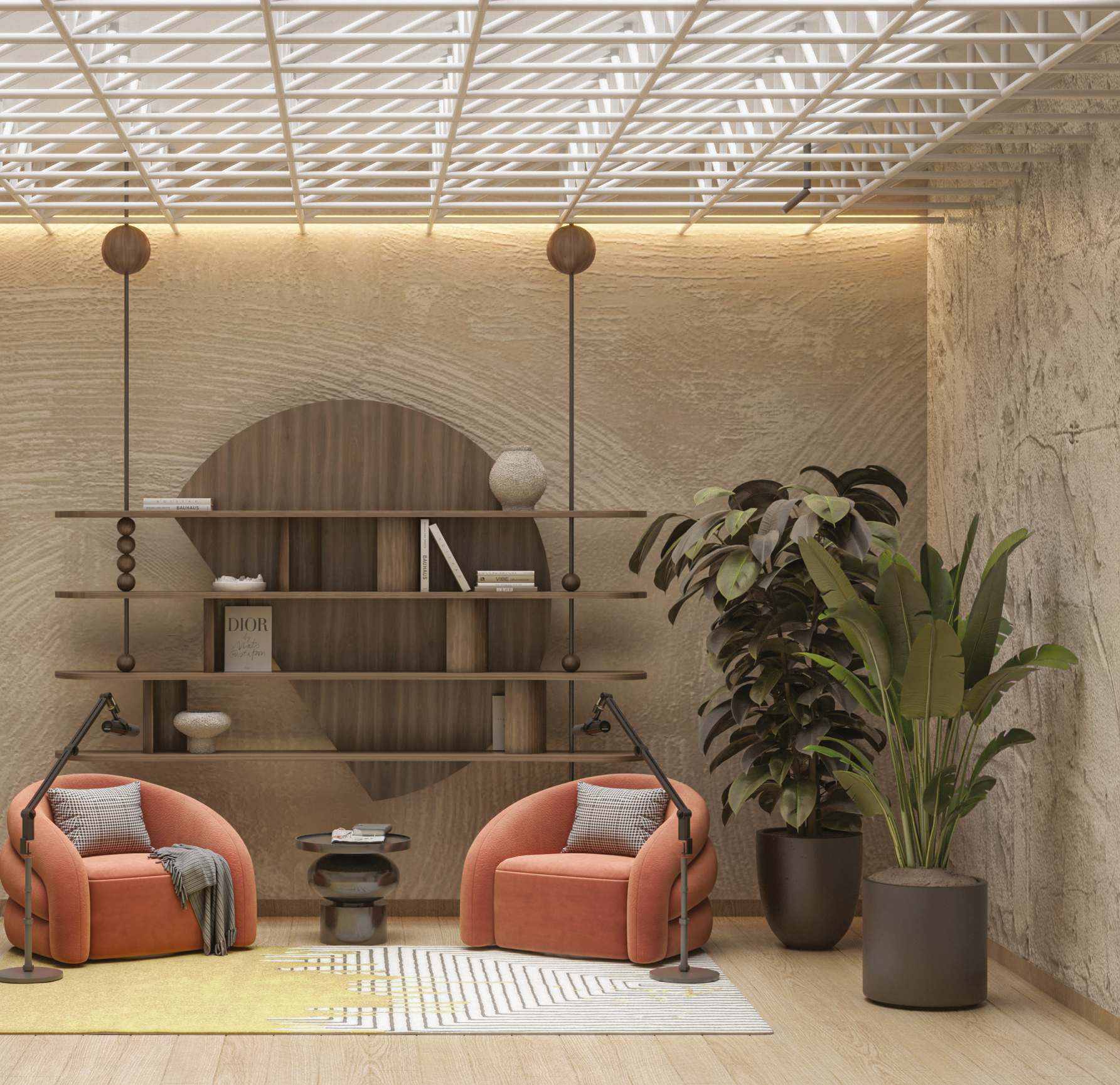 Reading lounge with curved shelving and textured walls
