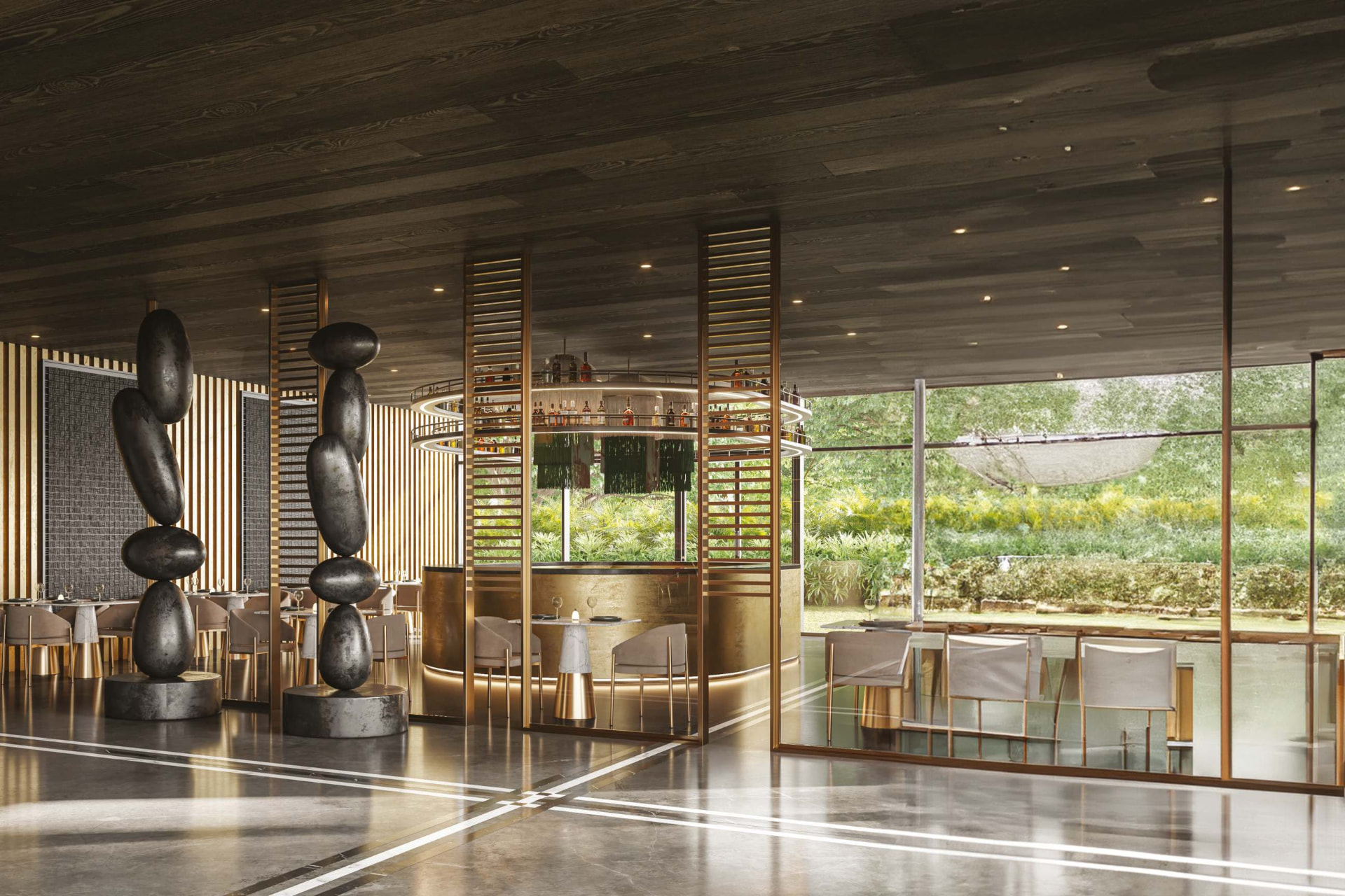 Garden-facing bar and lounge in brass and timber
