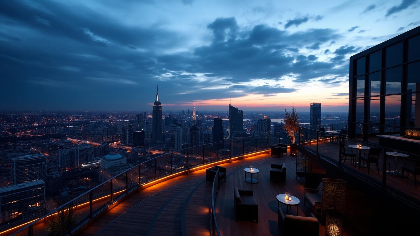 Sky deck above the city at dusk